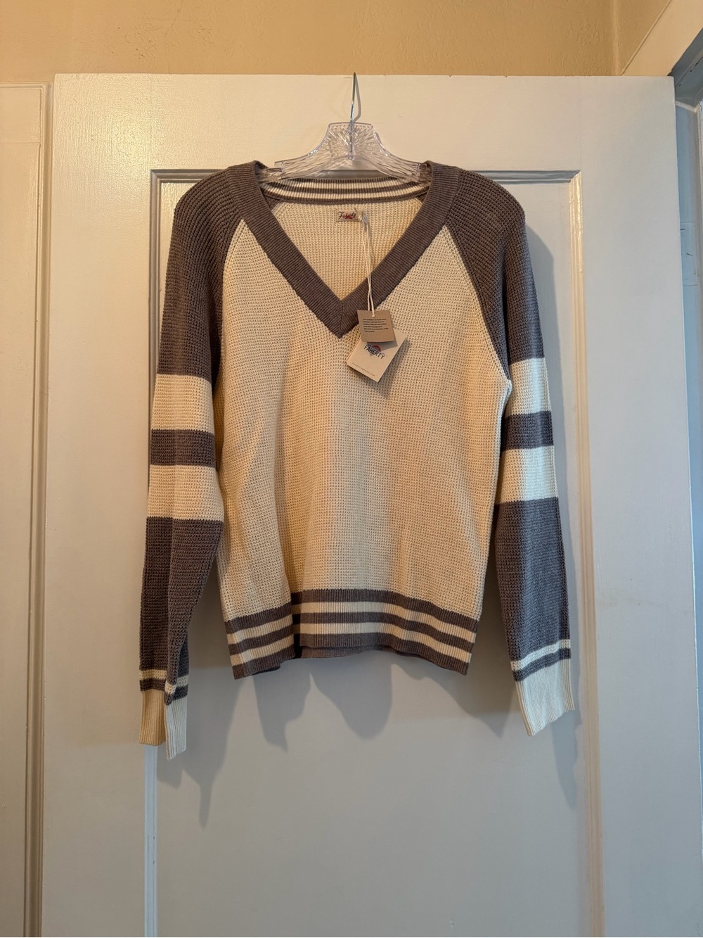 Faherty Cream & Brown Striped V-Neck Sweater